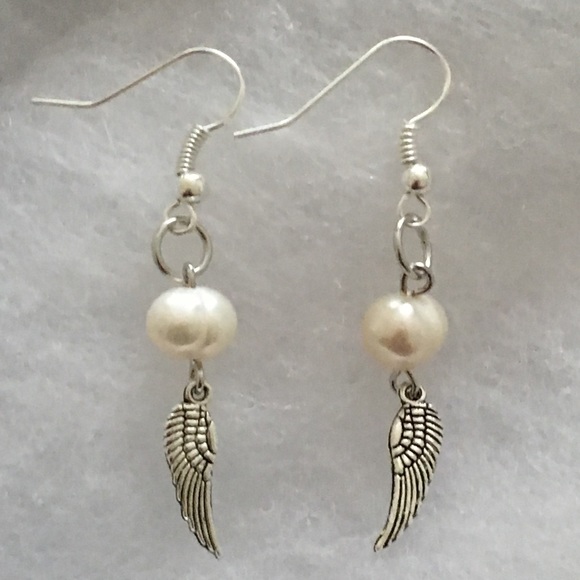 SOLD White Pearl Silver Angel Wing Earrings - Picture 4 of 7